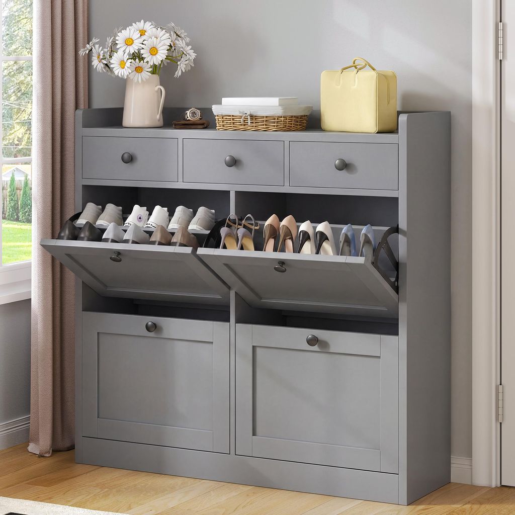 Schmaler Schuhschrank mit 4 Klappen & 8 Ablagen, verstellbar, Grau 100x25x85cm für Flur & Eingang