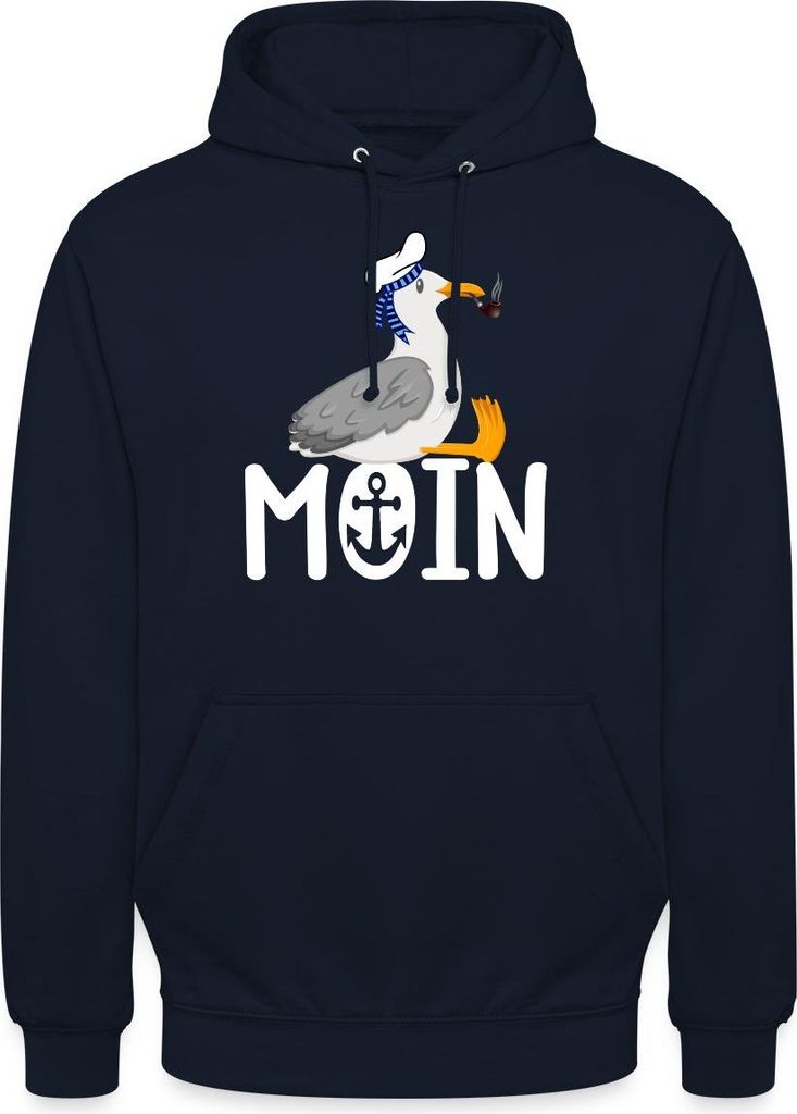 Spreadshirt Moin Möwe mit Matrosenhut & Pfeife Norddeutsches Küstendesign Uni Hoodie, XL, Navy