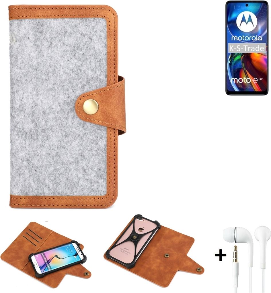 K-S-Trade Handyhülle + Kopfhörer kompatibel mit Motorola Moto E32 Schutzhülle Filz Hülle Kunstleder hellgrau braun (1x)
