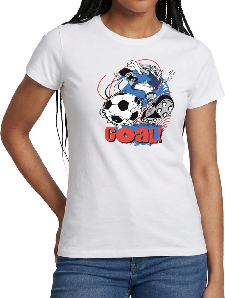 Spreadshirt Looney Tunes Bugs Bunny Fußball Goal Frauen T-Shirt, XXL, Weiß