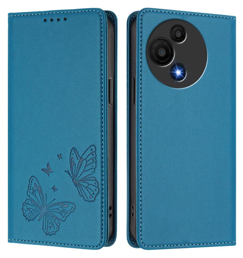 Lederhülle für TCL 605 / TCL 60 SE, Schmetterling Prägung Leder Brieftasche Schutzhülle mit Ständer Blau