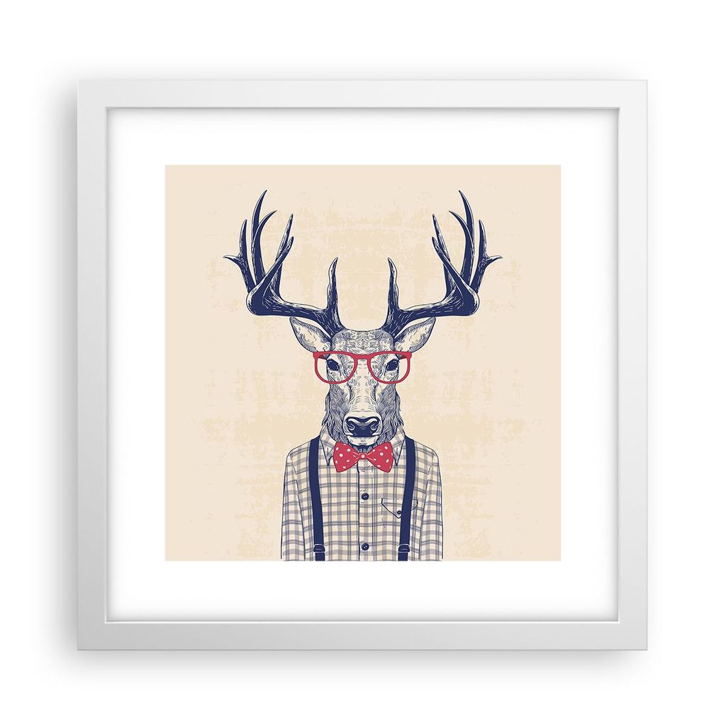 Gerahmtes Poster - Weißer Rahmen - Charakter Hirsch Illustration hipster - 30x30 cm - Wand Bild - Wanddeko - Wandbilder - Wandposter - Bilderrahme...