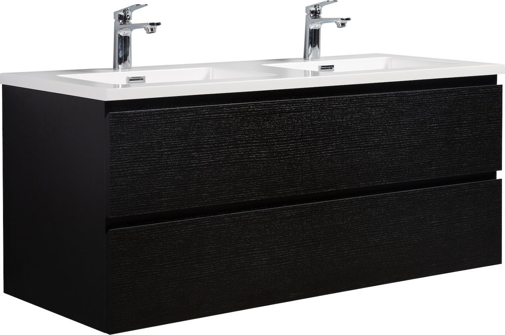 Badplaats Badmöbel Set mit Waschbecken und Unterschrank Angela 120 x 48 cm Schwarz Holz - Waschbeckenunterschrank mit Soft-Close und Doppelwaschbe...