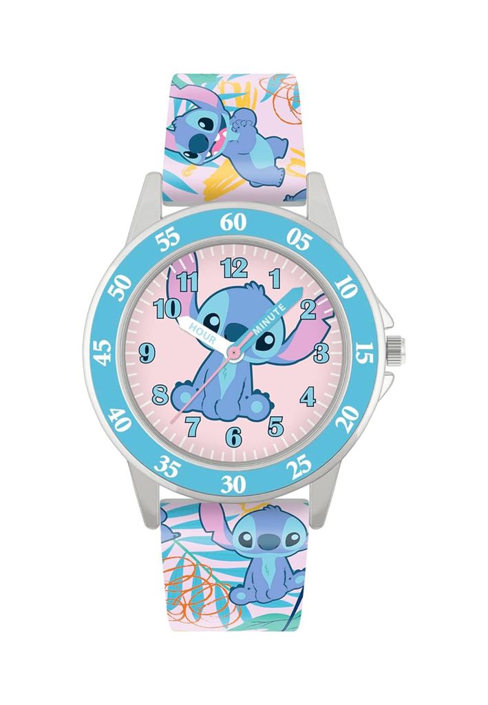 A Disney Lilo & Stitch watch with a pink face and blue accents, featuring Stitch graphics on the dial and strap.