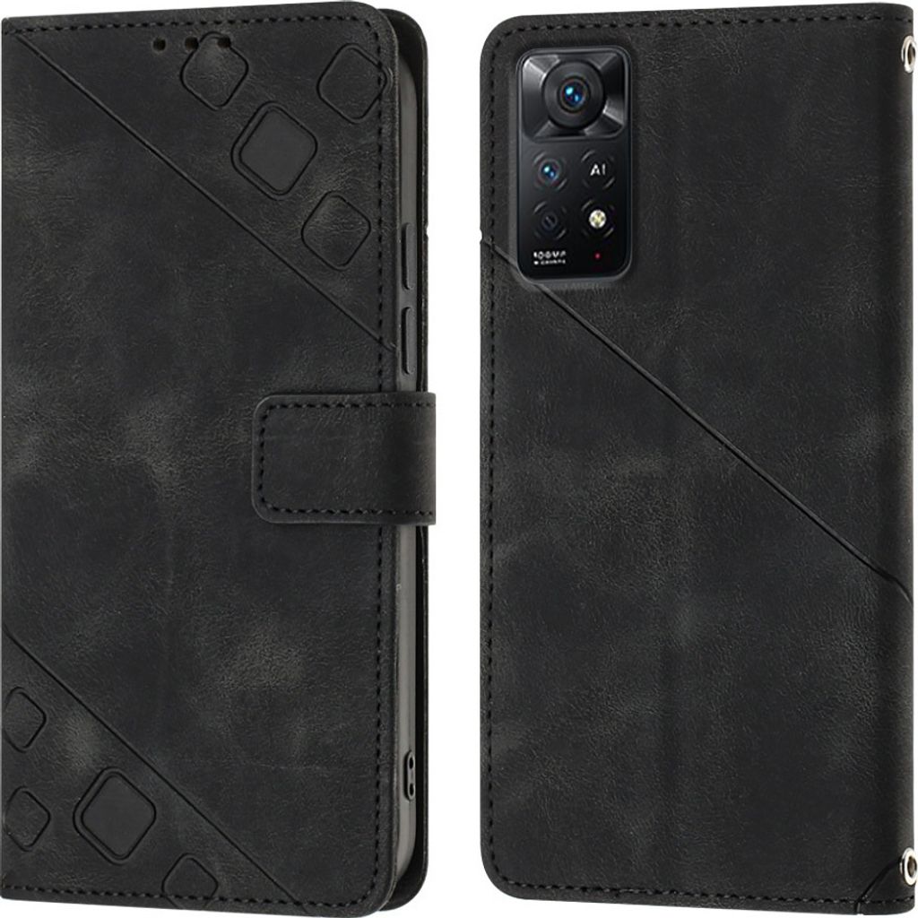 A black leather flip wallet case for a smartphone is shown from the front and back.