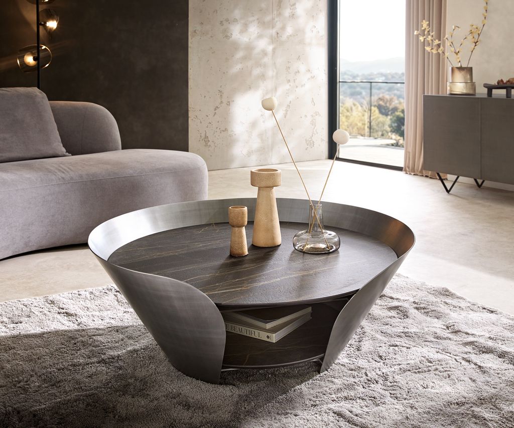 DELIFE Couchtisch Skafi 100x40 cm Keramik Laminam Noir Desir Braun Metallic Silber