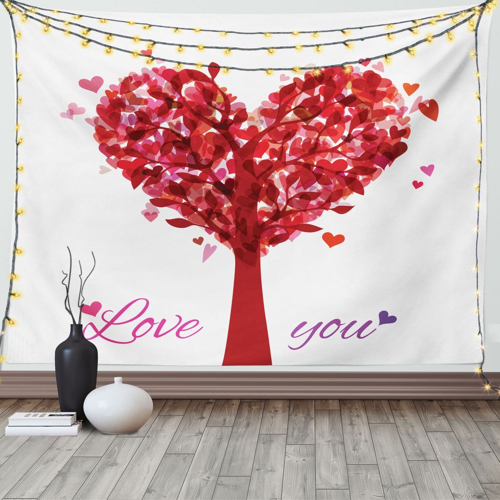 ABAKUHAUS Liebe Wandteppich, Vintage Romantik Herz, Wohnzimmer Schlafzimmer Wandtuch Seidiges Satin Wandteppich, 150 x 100 cm, Lila Rosa Rubin