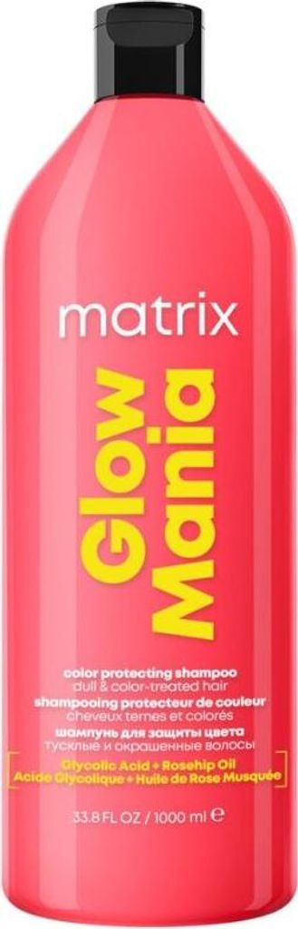 A pink bottle of Matrix Glow Mania shampoo with yellow text.