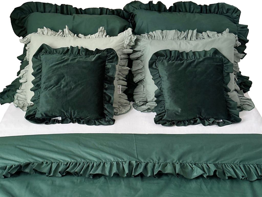 Baumwolle Bettwäsche Mit Rüschen Set Schlafzimmer Bettdeckenbezug 160X200 Cm + 6 Kissenbezüge Flasche Grün Boho