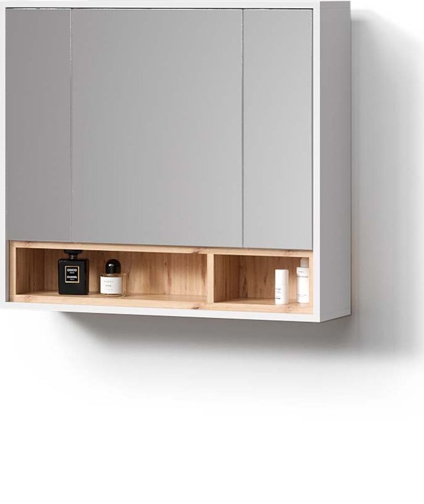 A bathroom cabinet with a mirror and open shelves.