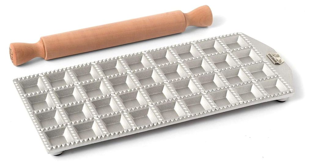 Ravioli Maker Press, Ravioli Machine, Homemade Ravioli Cutter, 35 mm Quadratischer Schnitt, Platz für großzügige Füllung, inklusive Holz-Nudelh...