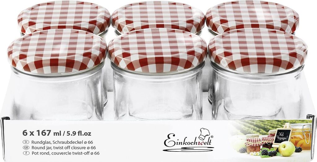 EINKOCHWELT Rundglas 167ml mit 66mm TO-Deckel dunkelrot/weiß kariert 6er Tray