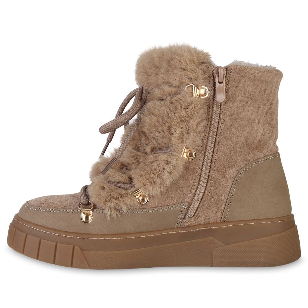 VAN HILL Damen Warm Gefüttert Winter Boots Stiefel Kunstfell Plateau Schuhe 841331, Farbe: Khaki, Größe: 36