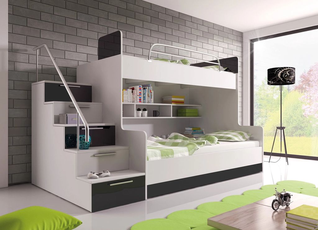 Etagenbett TOMI 2 , Doppelstockbett Hochglanz Kinderbett Hochbett , MIT Matratze und Lattenrost (Weiss / Schwarz, Treppenseite: LINKS)