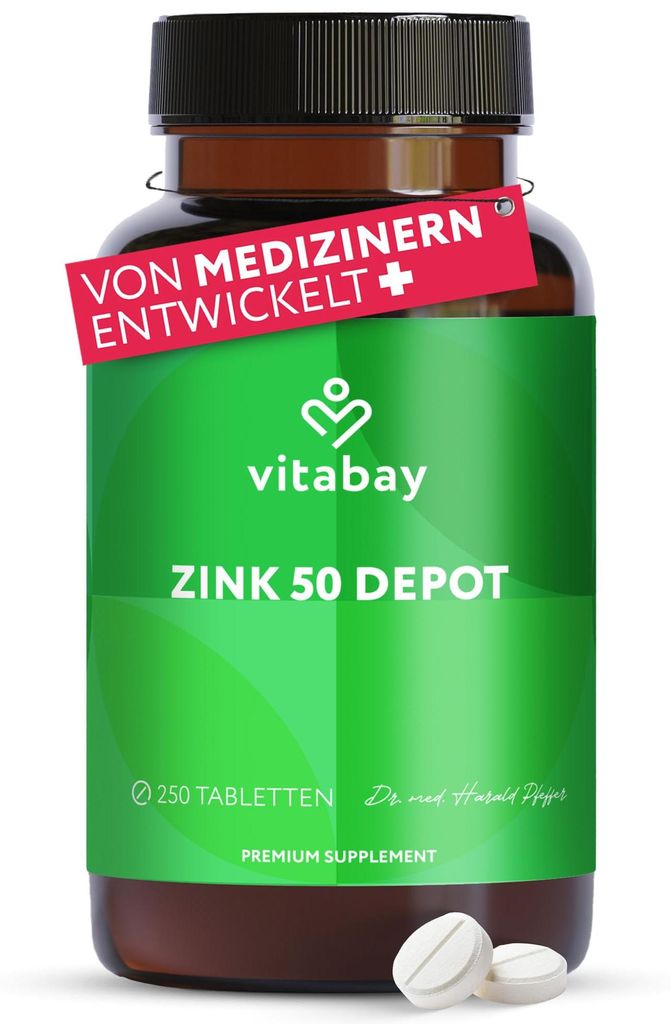 Vitabay Zink 50 mg hochdosiert – 250 teilbare Tabletten – Zinkgluconat für Immunsystem, Haut, Haare & Nägel – vegan & la