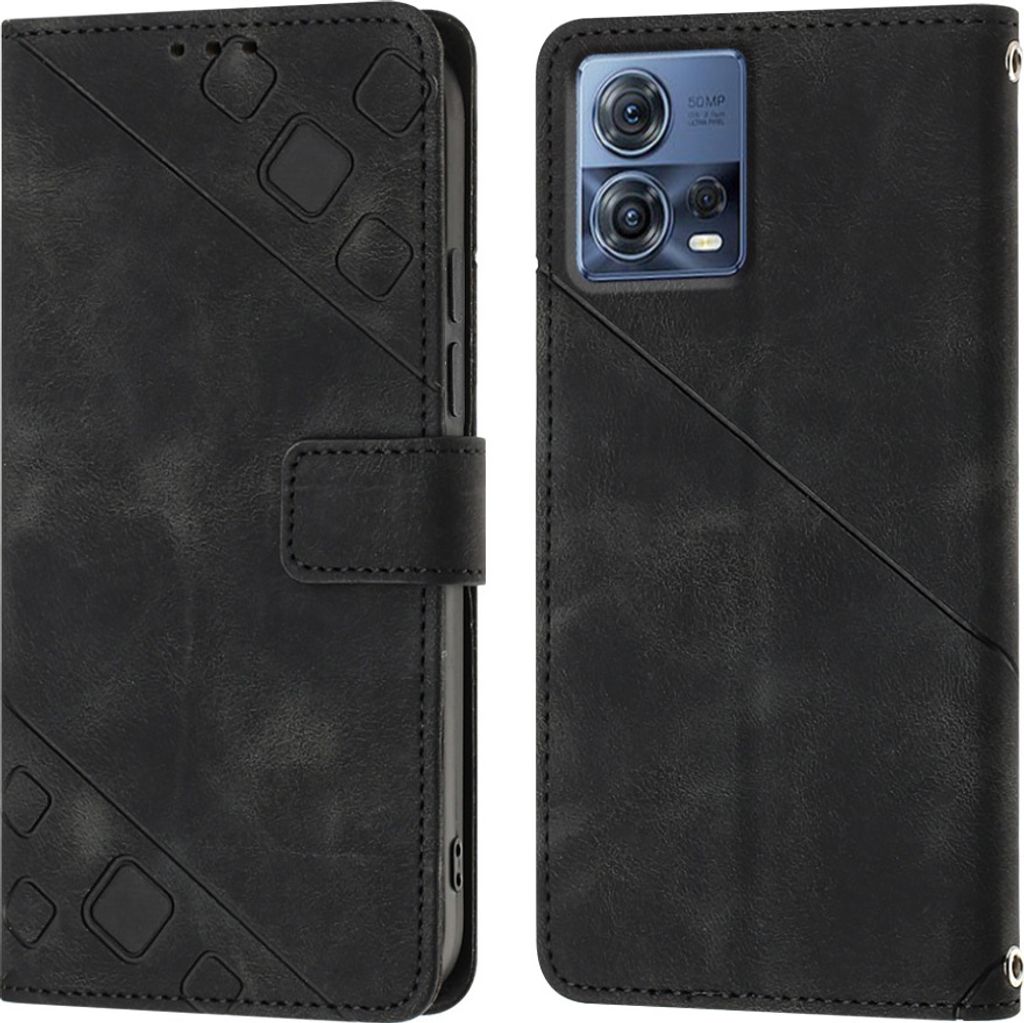 Hülle für Motorola Moto S30 Pro 5G Prägung Flip Leder Brieftasche Schutzhülle mit Ständer Schwarz