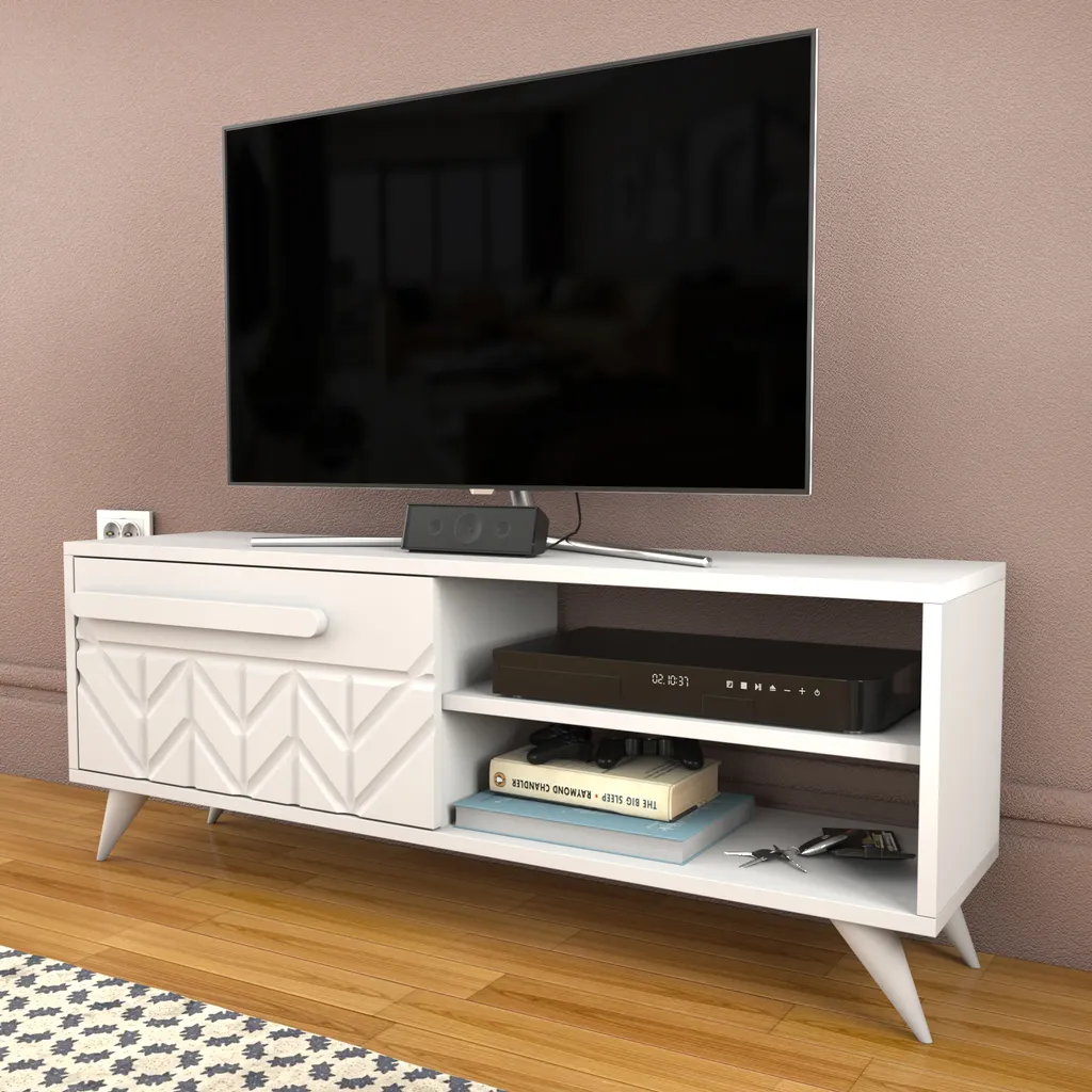 Meuble TV Blanc Venedik Decorotika 55 Pouces avec Rangement Ouvert
