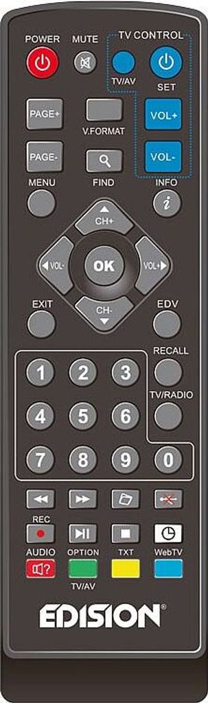 A remote control for an Edision receiver.