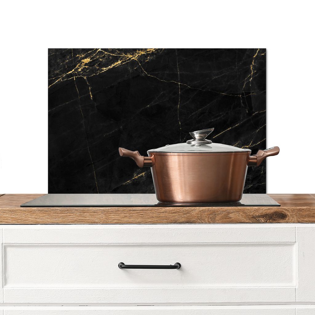 KitchenYeah Spritzschutz Küche - Küchenrückwand - Wandschutz für Herd und Spüle - Marmoroptik - Luxus - Schwarz - Gold 70x50 - Alu-Dibond (A...
