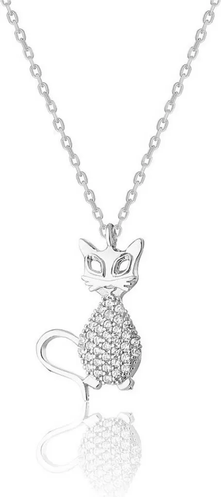 Collier en argent 925 pendentif chat et zircons brillants pour femme