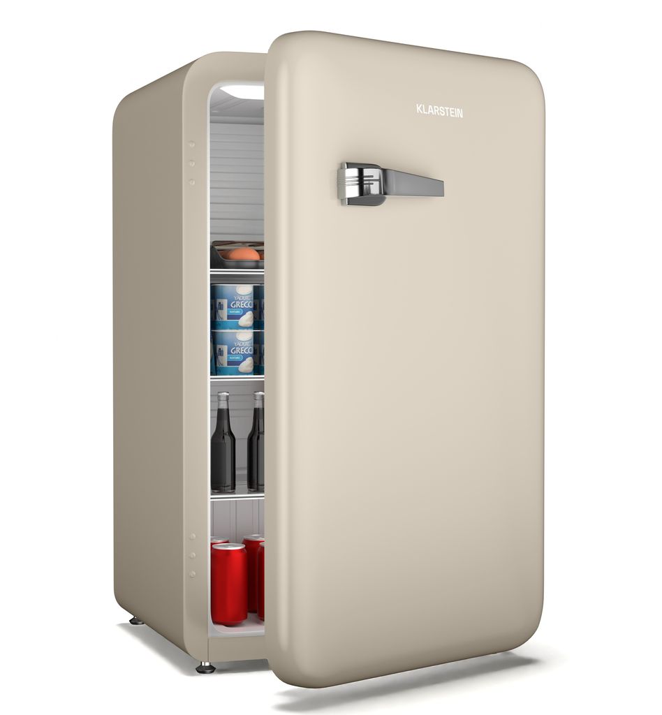 Klarstein Audrey Evo Retro Kühlschrank, 112L, Freistehend Ohne Gefrierfach, Leise 40 dB, Wendetür, Verstellbare Füße, 0–10 °C Thermostat, Creme