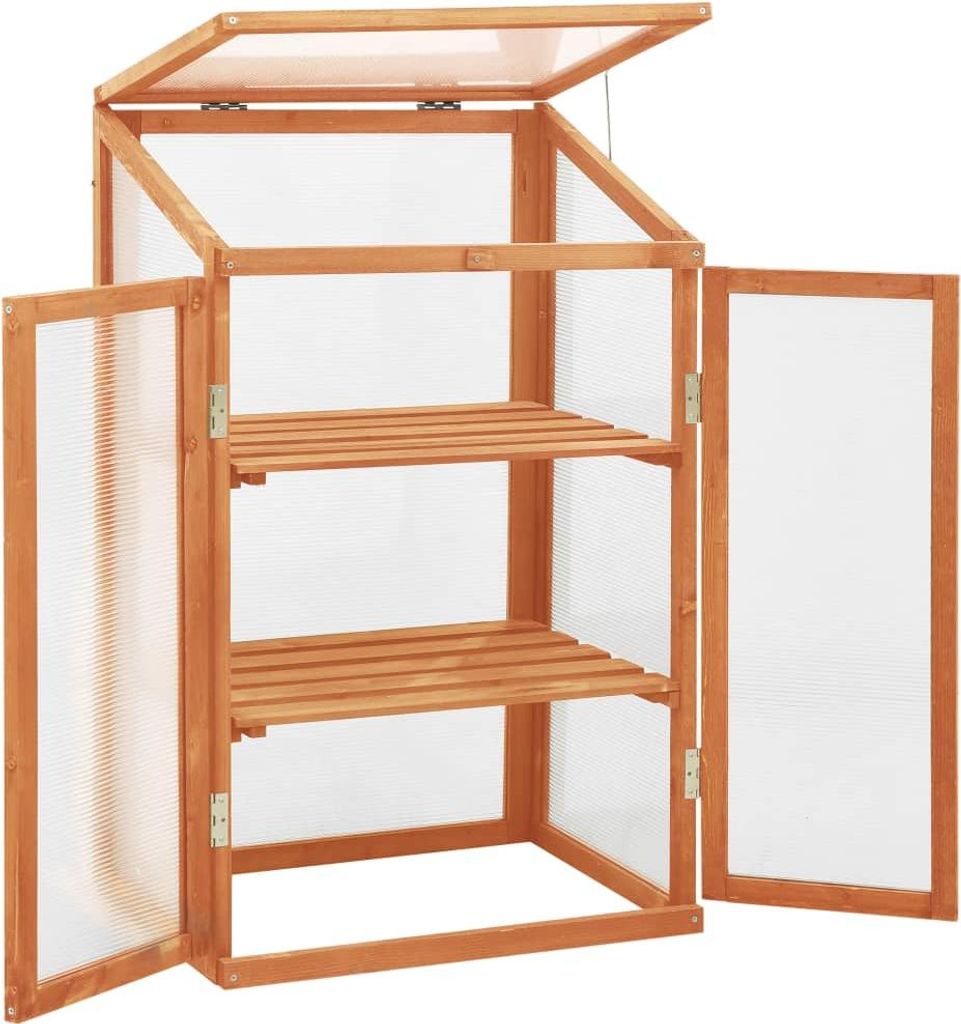 A wooden greenhouse with clear panels and shelves, shown with its doors and lid open.