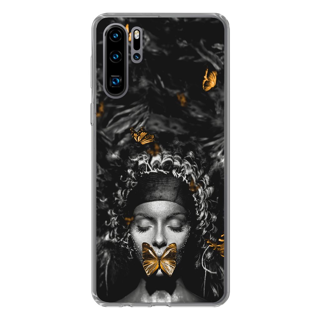 MuchoWow Handyhülle Schutzhülle Hülle für Huawei P30 Pro Frau - Schmetterlinge - Schwarz - Weiß Silikon Softcase Handy Hülle - Schutzdeckel