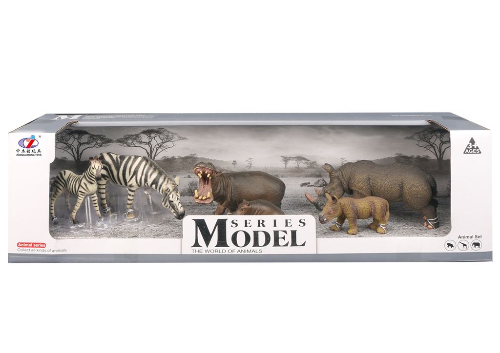 Set Modell Tierwelt Zebras, Nilpferde, Nashörner, Mutter + Baby
