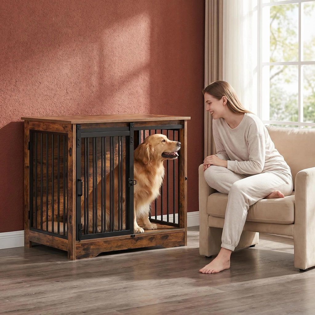 Hundekäfig Möbel, Hundebox, 2 Türen, Weiß Braun | Produktbild 
