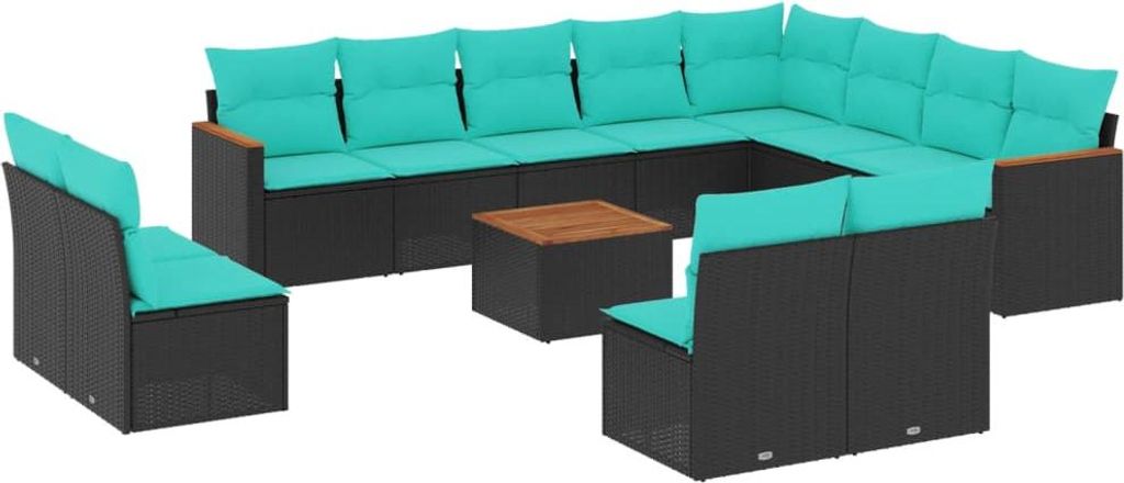 13-teiliges Gartensofa-Set mit Kissen, schwarzes Polyrattan