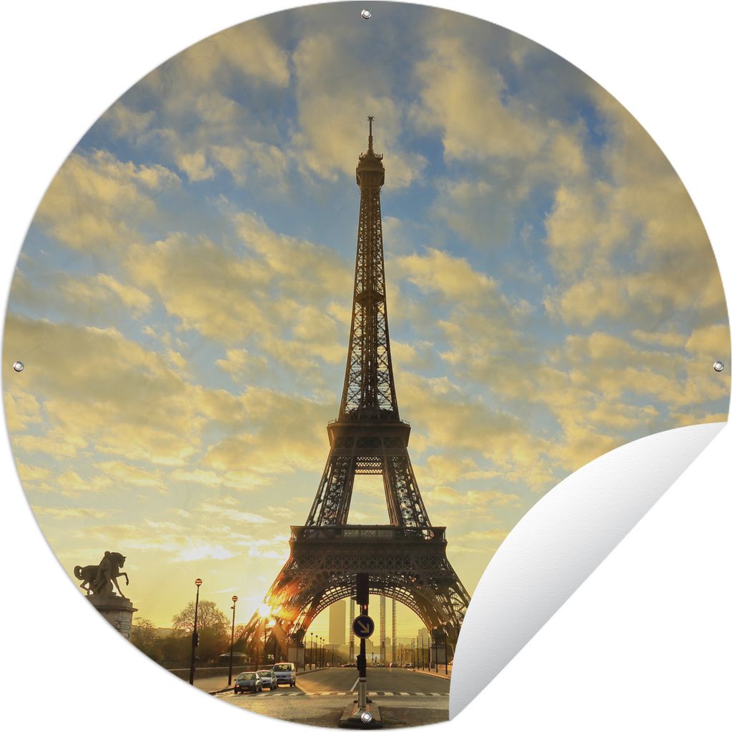 MuchoWow Gartenposter Outdoor-Poster Rund Der Eiffelturm mit einem einzigartigen orangefarbenen Himmel aufgrund der tiefstehenden Sonne Ø 60 cm ...