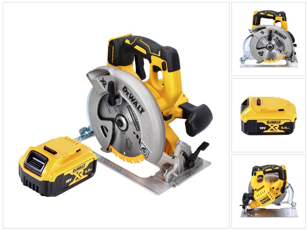 A DeWalt circular saw and battery are displayed against a white background.