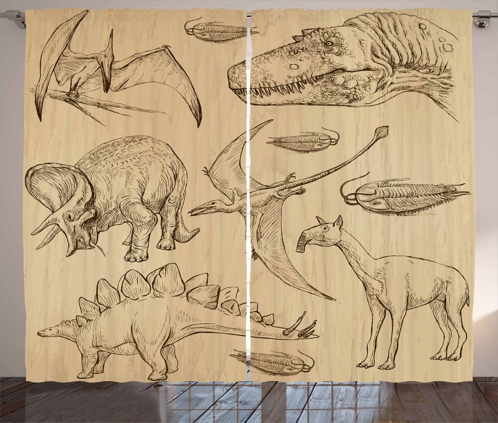 ABAKUHAUS Velociraptor Rustikaler Gardine, Vintage Sketch Tiere, Schlafzimmer Kräuselband Vorhang mit Schlaufen und Haken, 280 x 225 cm, Sand Brown