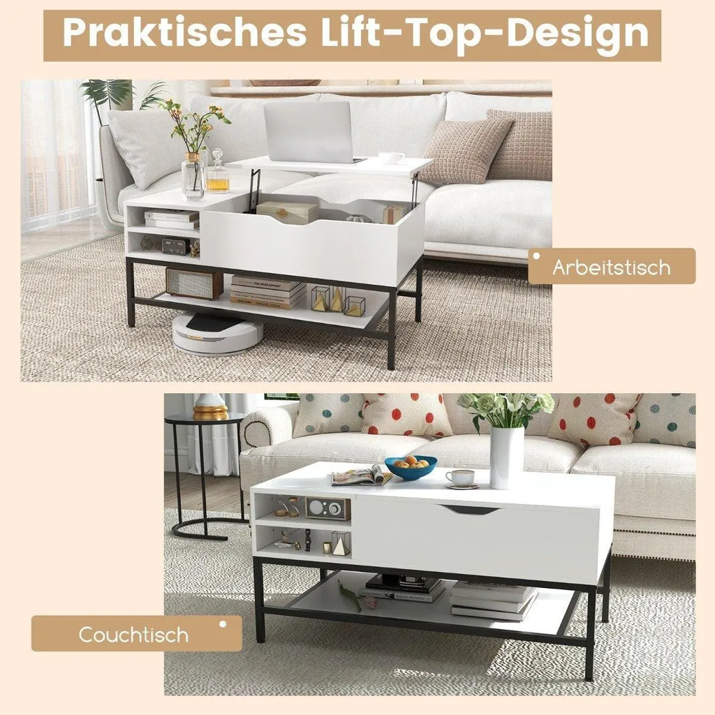 Table basse transformable blanche, meuble de salon avec coffre de stockage