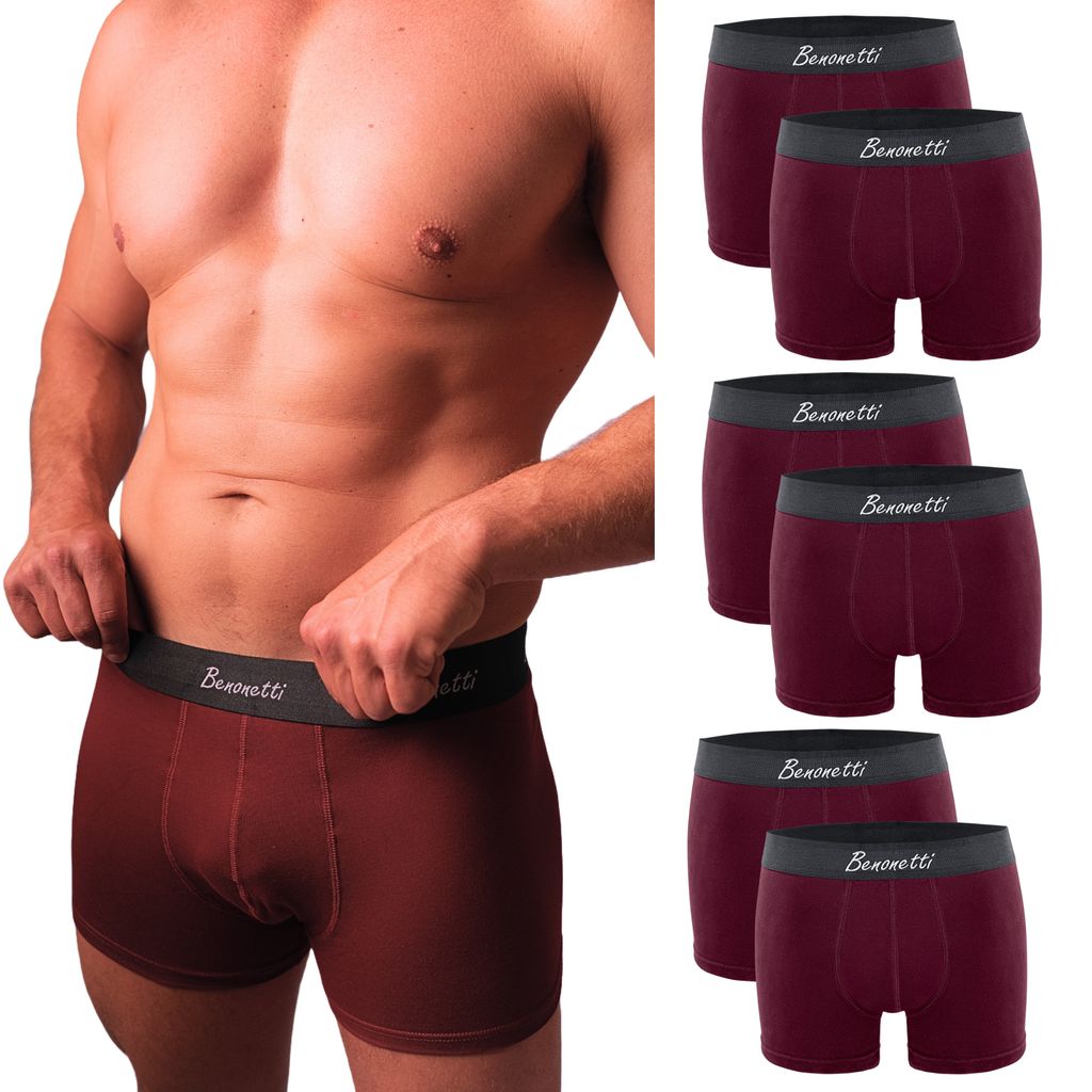 Benonetti Herren Boxershorts, atmungsaktive Baumwollunterwäsche mit Komfortbund, Bequem & langlebig, kein Aufrollen (6er Set, Weinrot, L)