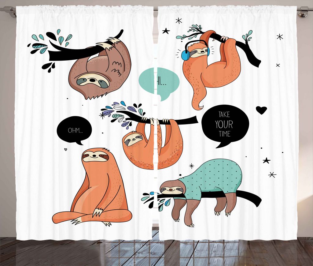 ABAKUHAUS Tier Rustikaler Gardine, Lächelnd Faultier Cartoon, Schlafzimmer Kräuselband Vorhang mit Schlaufen und Haken, 280 x 225 cm, Mehrfarbig