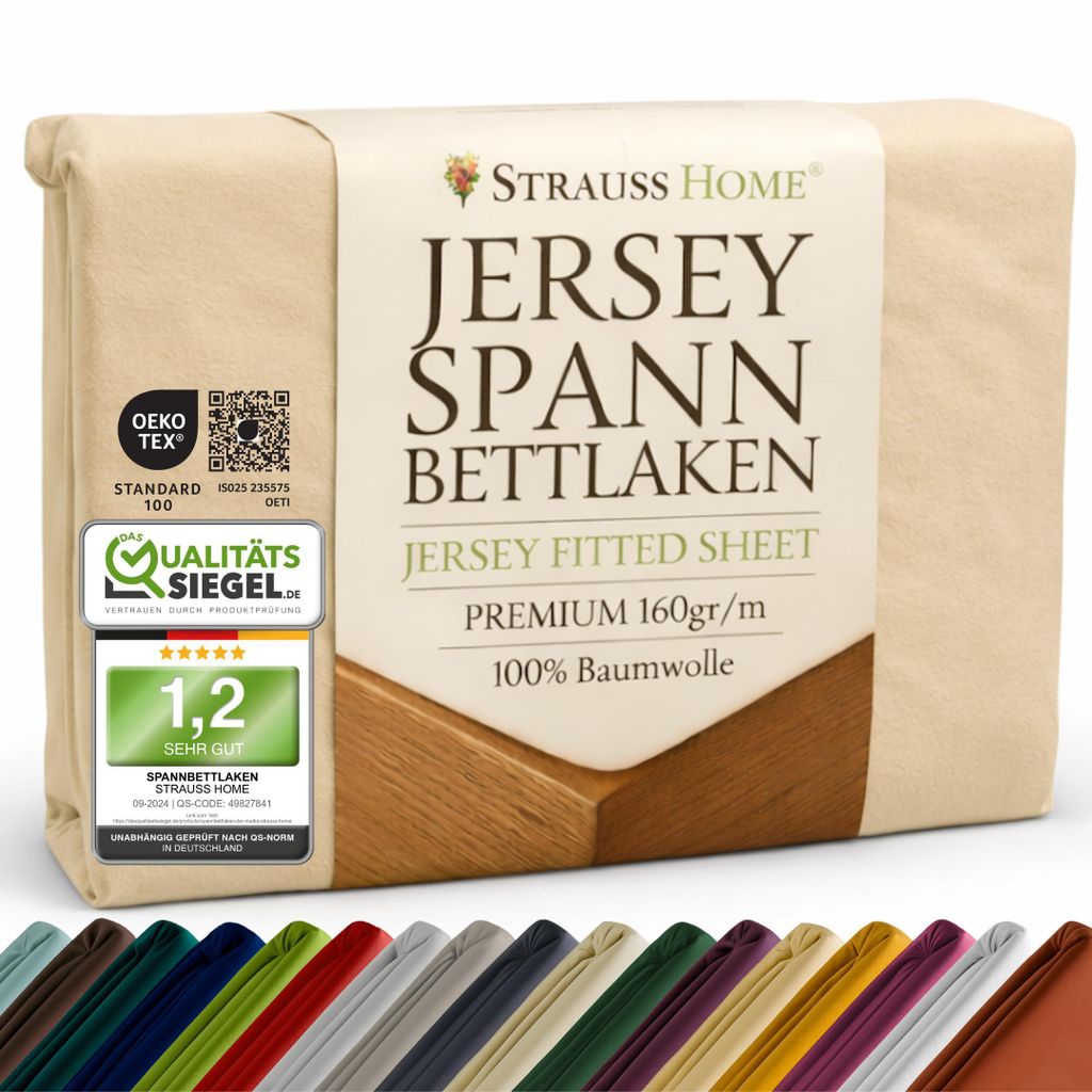 Strauss Home Premium Spannbettlaken – 160 g/m² Gekämmte Baumwolle – Jersey in Hotelqualität – Formstabil & Langlebig – Rundumgummi –...