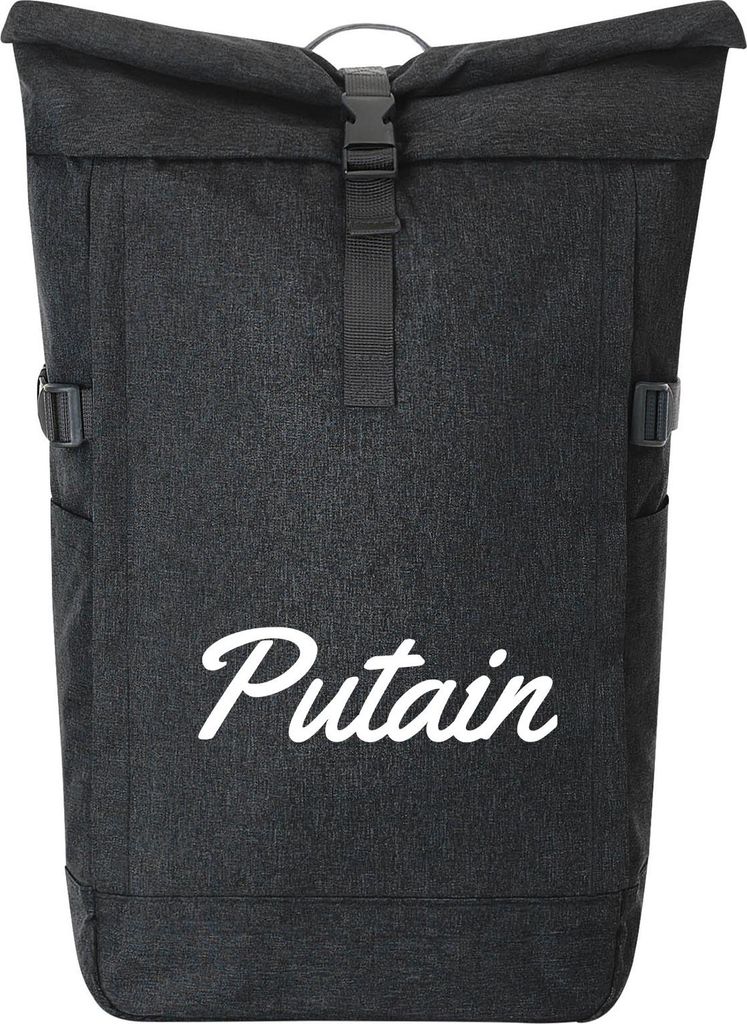 Huuraa Kurierrucksack Putain französisch Schriftzug 30-44 Liter Black Melange Fairtrade Rolltop Rucksack Geschenkidee