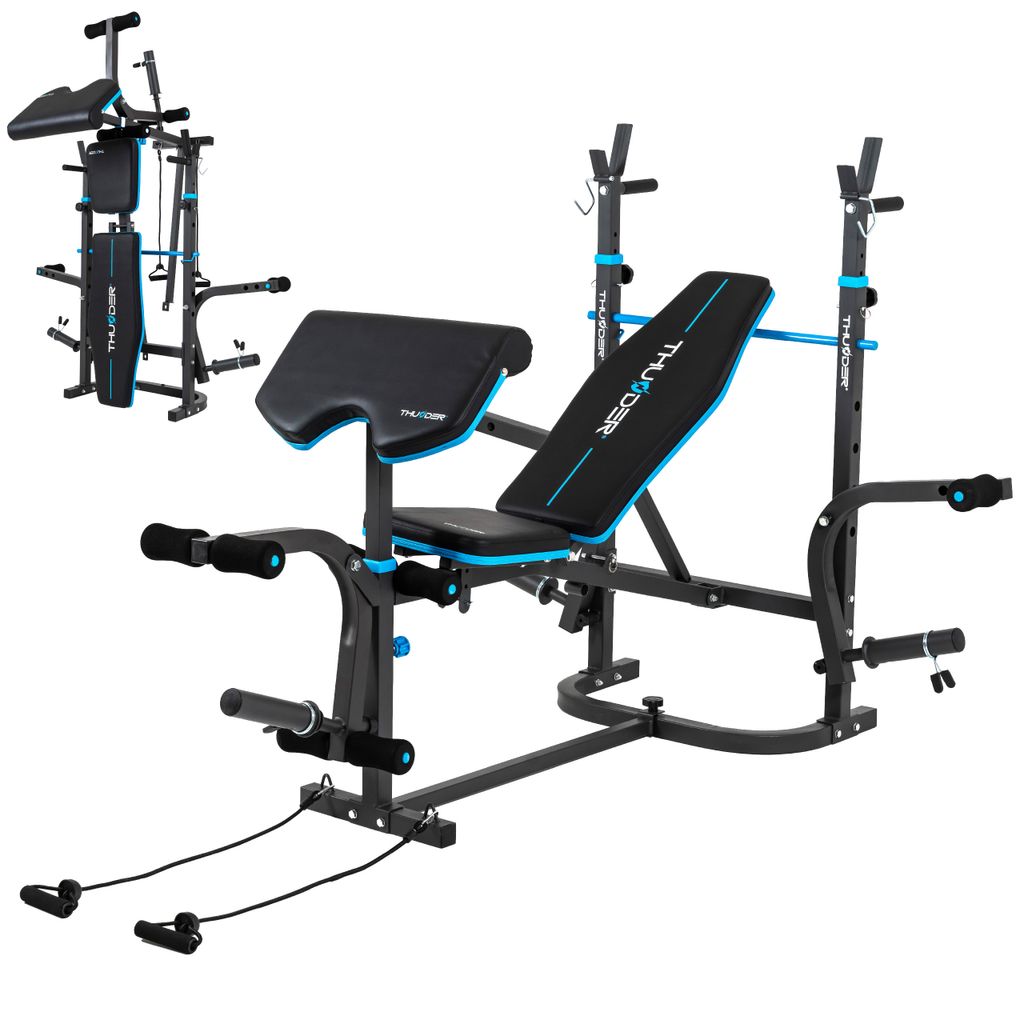 THUNDER Hantelbank VIGOR-B mit Langhantel-Ablage, Curlpult und Butterfly-verstellbare Trainingsbank für Bankdrücken, bis 240kg belastbar, Bauch...