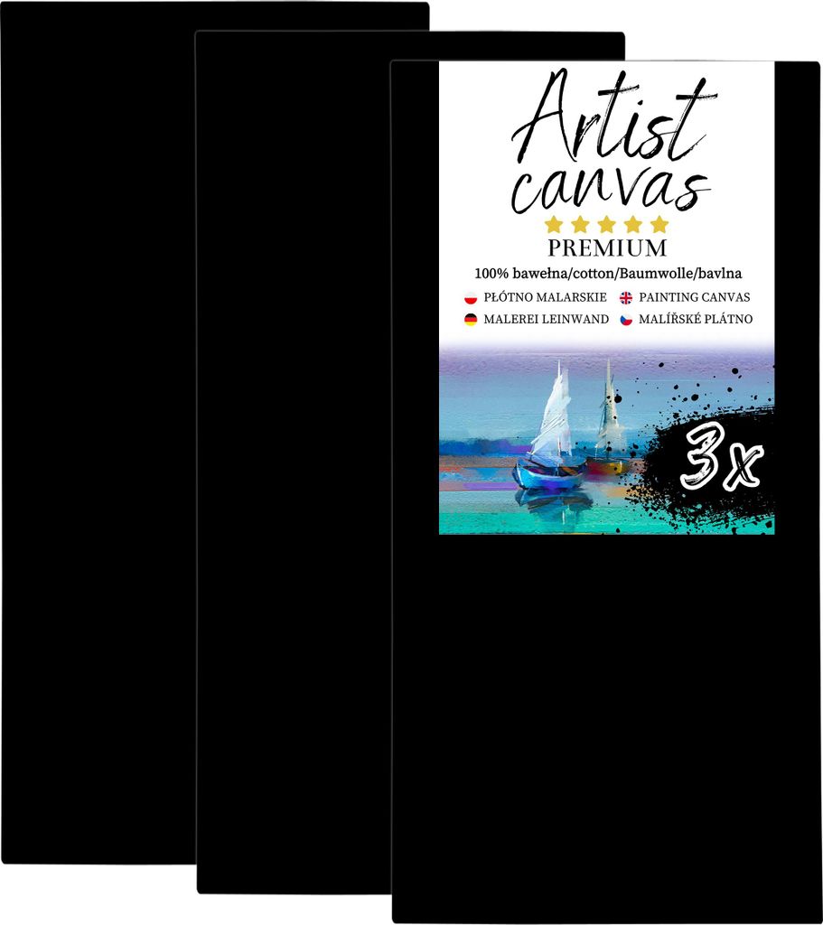 3x Leinwand auf Keilrahmen 100% Baumwolle 330 g/m² Schwarz grundiert 40X90 cm