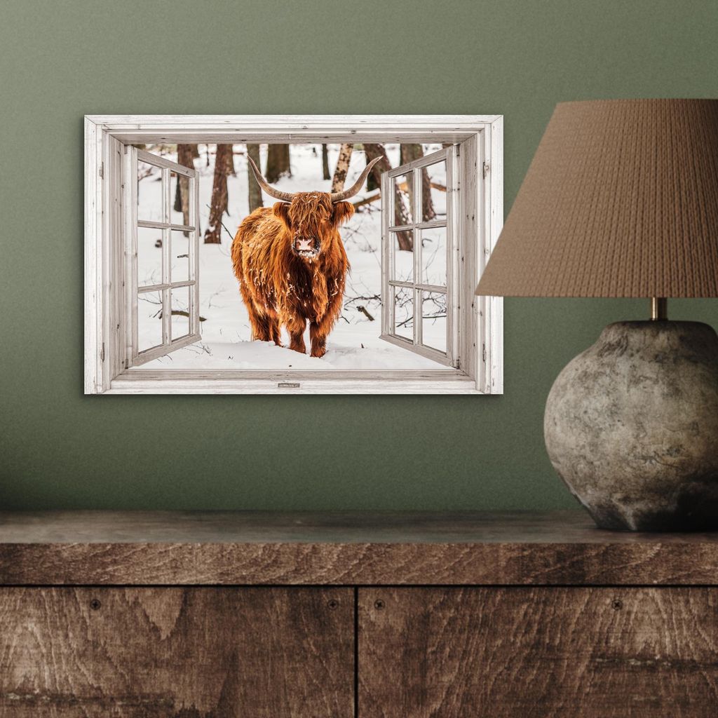 MuchoWow Wanddekoration Metall Metallbild Wandkunst 30x20 cm Schottische Hochlandrind - Schnee - Winter - Natur - Tier - Aussicht - Ländlich Mucho...