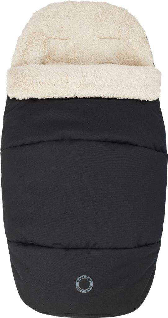 A black footmuff with a cream-colored fuzzy lining, shown against a white background.