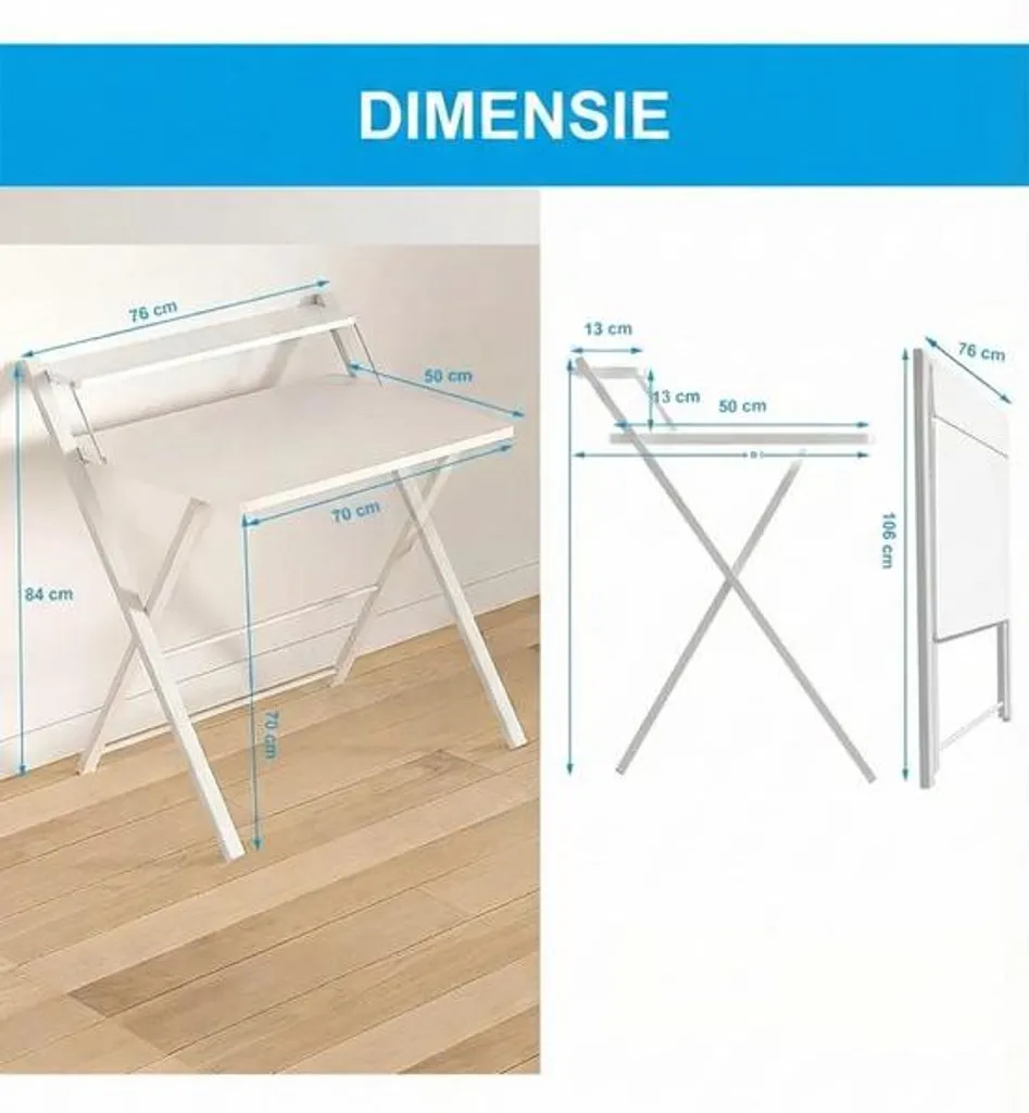 Table pliante LUNOR avec tablette 76x50x84 cm blanche multi-usage - 2