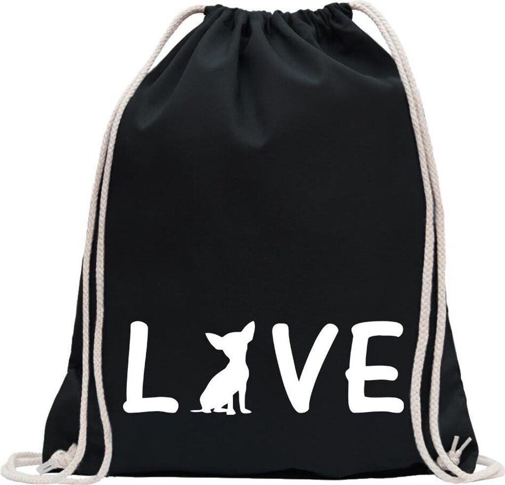 Kiwistar - Turnbeutel - schwarz - Chihuahua Love Schriftzug - Fun Rucksack Sport Beutel Gymsack Baumwolle mit Ziehgurt