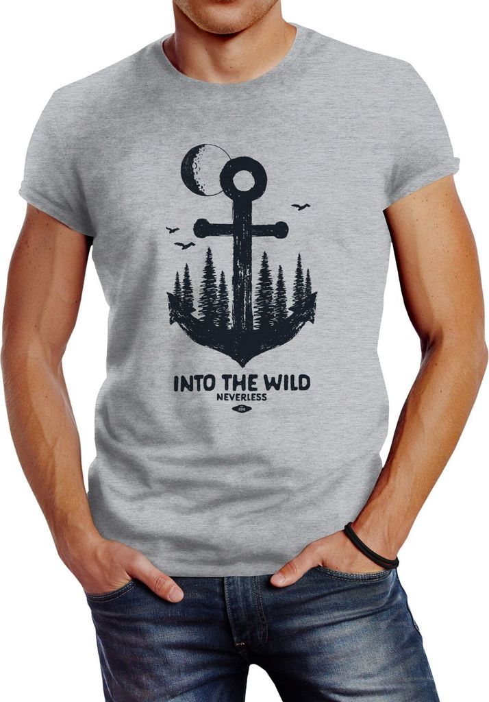 Herren T-Shirt Anker Wald Mond Vögel Adventure Vintage Slim Fit Baumwolle Neverless grau M