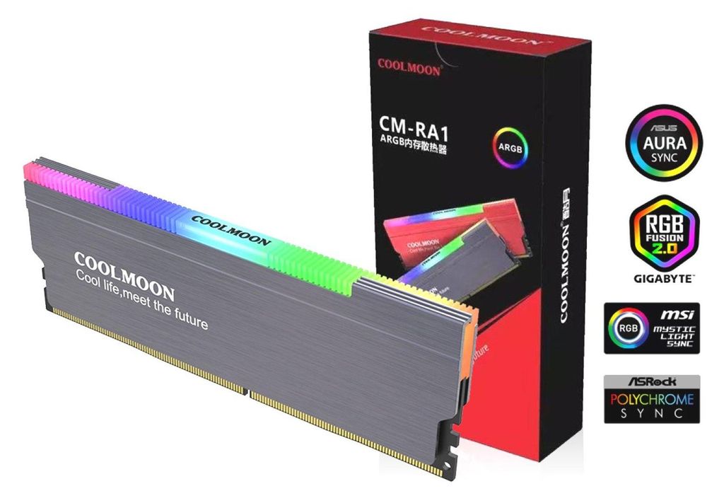 A computer RAM module with RGB lighting next to its packaging, with various motherboard RGB sync logos.