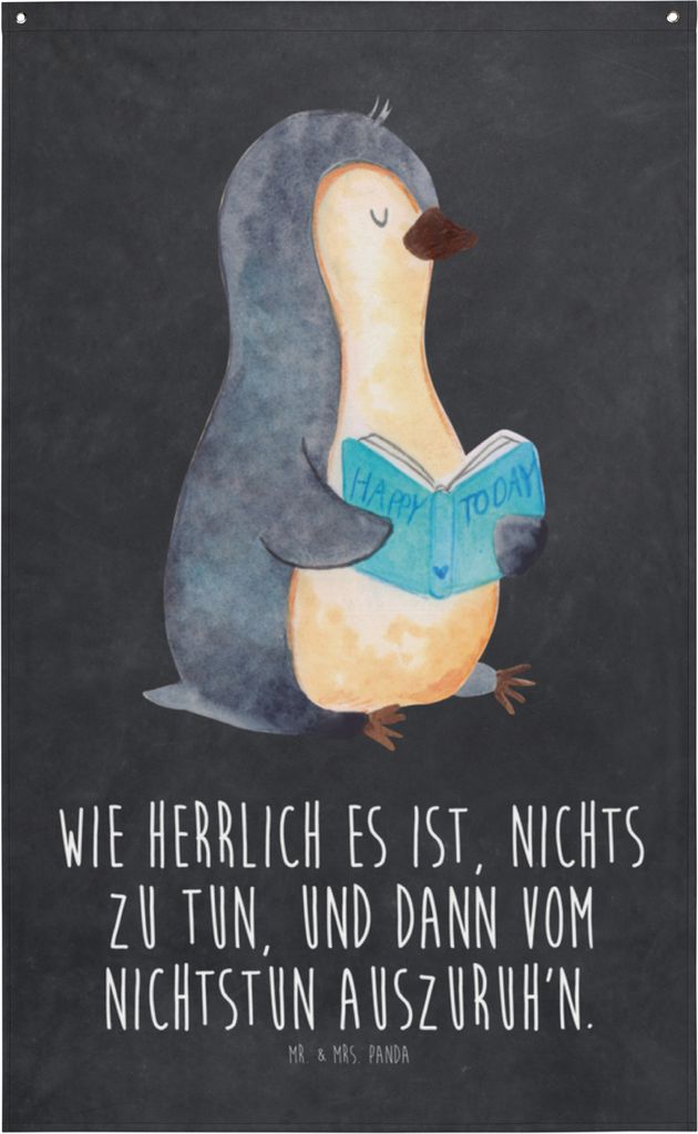 Mr. & Mrs. Panda Wandteppich Pinguin Buch - Kreidetafel - Geschenk, Urlaub, Ferien, Lesen, Gobelin, Boho, Stoffbild, Wandbild, Wandbehang