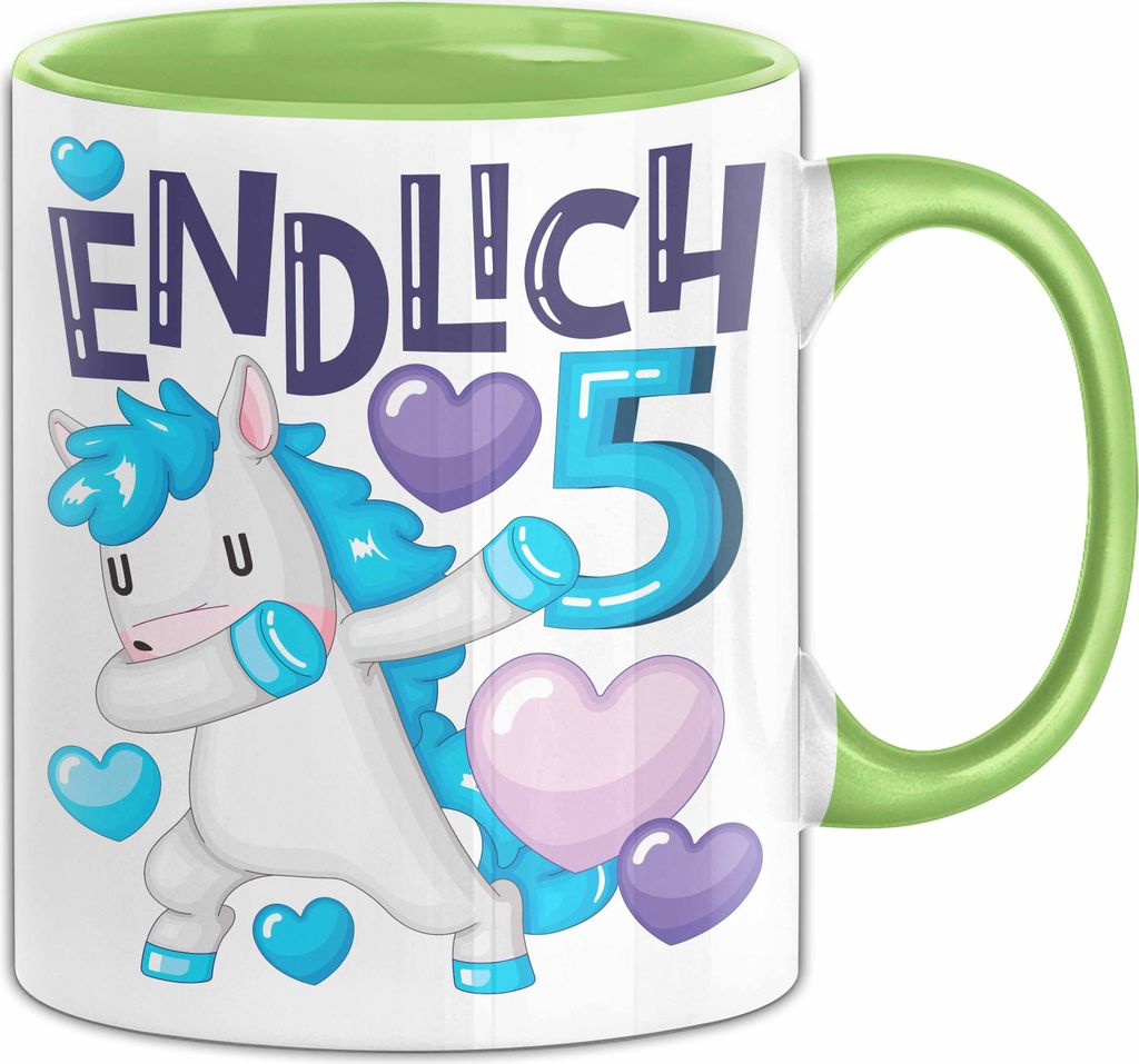 5. Geburtstag Geschenk Tasse Becher Mädchen Einhorn Geburtstagsgeschenk Tochter Endlich 5 (Grün)
