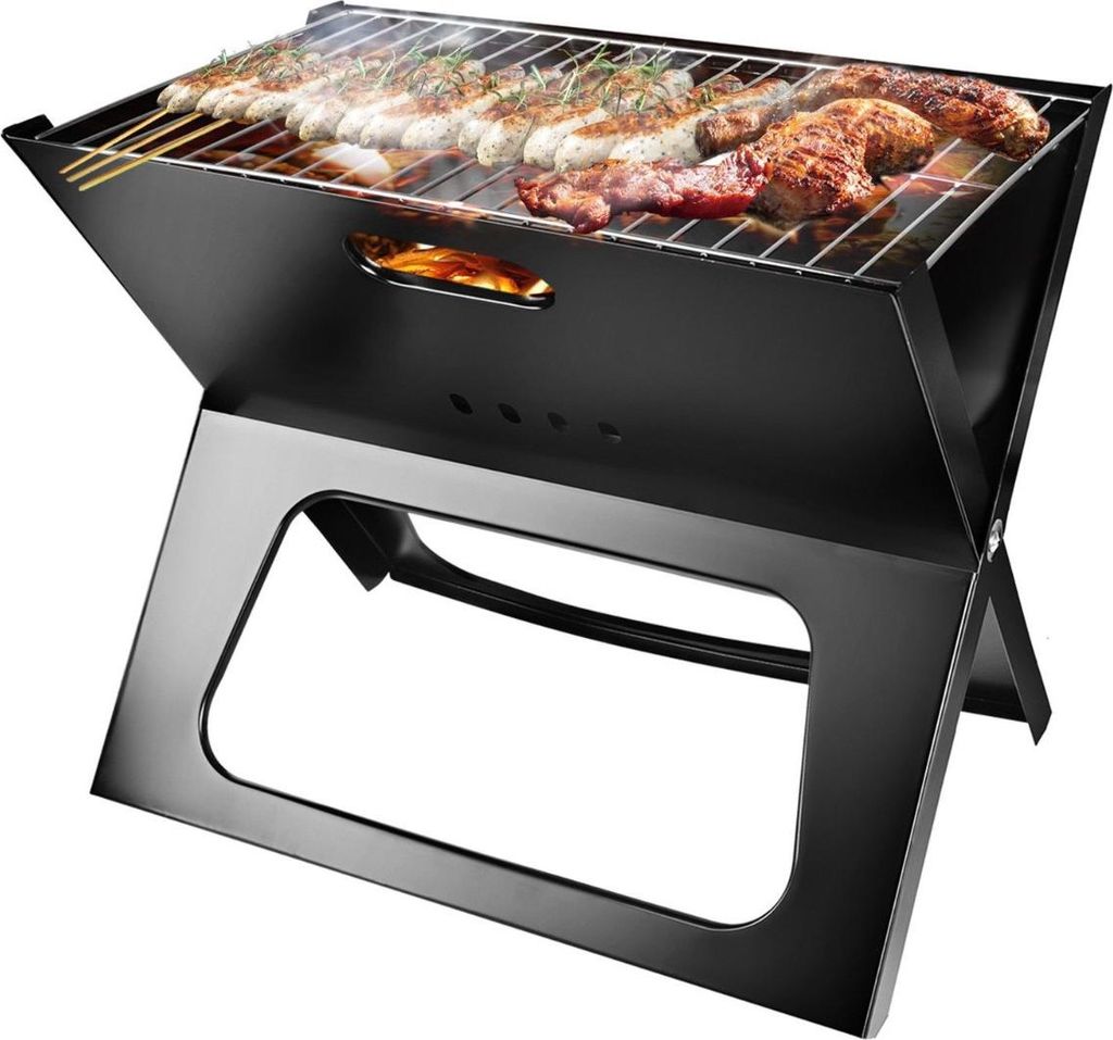 A black portable folding grill with food cooking on it, set against a white background.