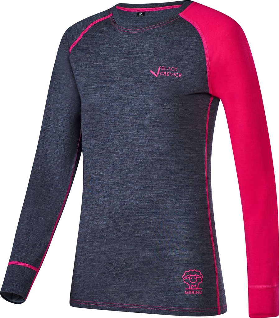 BLACK CREVICE - Damen Langarmshirt aus Merino Wolle | Funktionsunterwäsche | Base Layer | Farbe: Anthrazit/Pink | Gr: 40